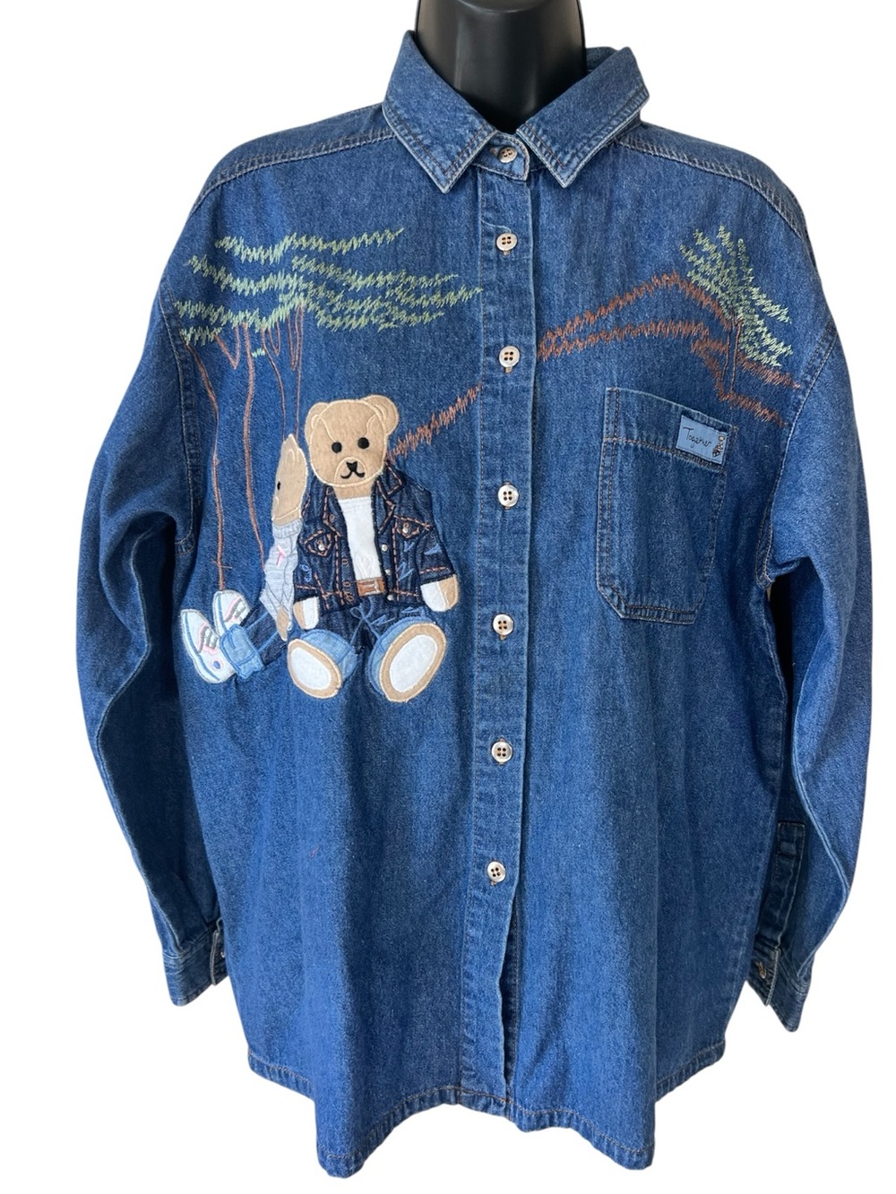 Vintage Embroidered Teddy Bear Chambray Denim Button Down Shirt